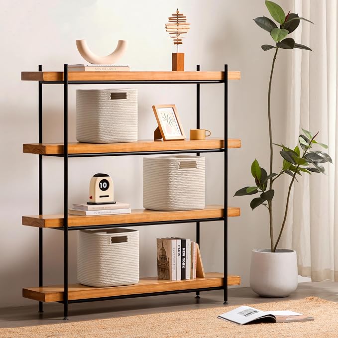 Dreamcountry 11 Inch Cube Storage Bins, Storage Cubes with Handles, 4 Pack Cotton Rope Basket for Shelves, Cube Storage Organizer forToys, Book, Clothes, Home, Office, Nursery, Beige