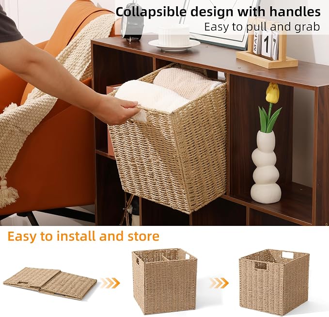 12x12x12in Wicker Storage Baskets for Shelves, Set of 2 Hand-Woven Paper Rope Wicker Basket,Foldable Cube Storage Bins, Natural Color Storage Cubes, Square Baskets for Organizing Decor