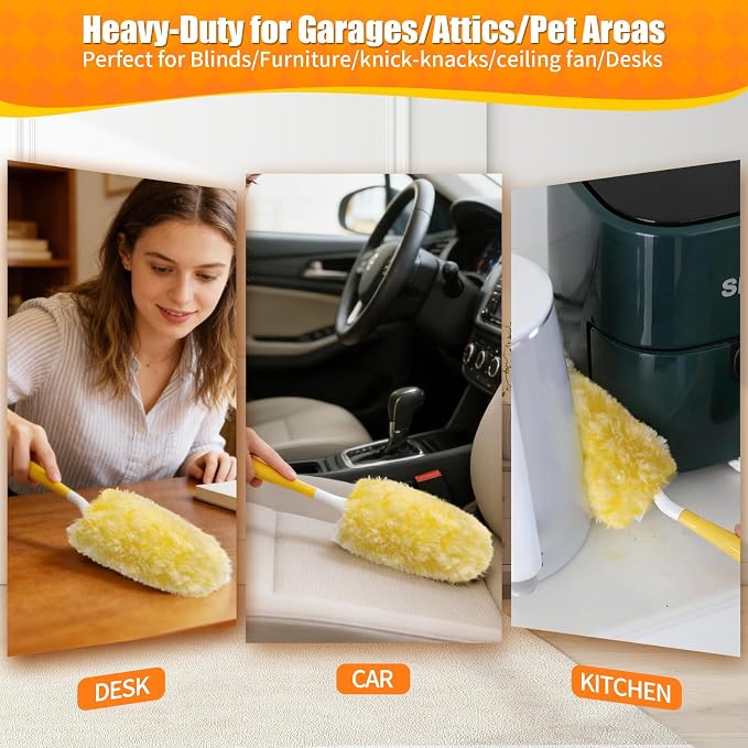 60 Count 360° Heavy Duty Duster Refills, Compatible with Swiffer Duster, Includes 1 Short Handle & 1 3 ft Extendable Handle, 4X Microfiber Cleaning Dusters, Disposable Unscented