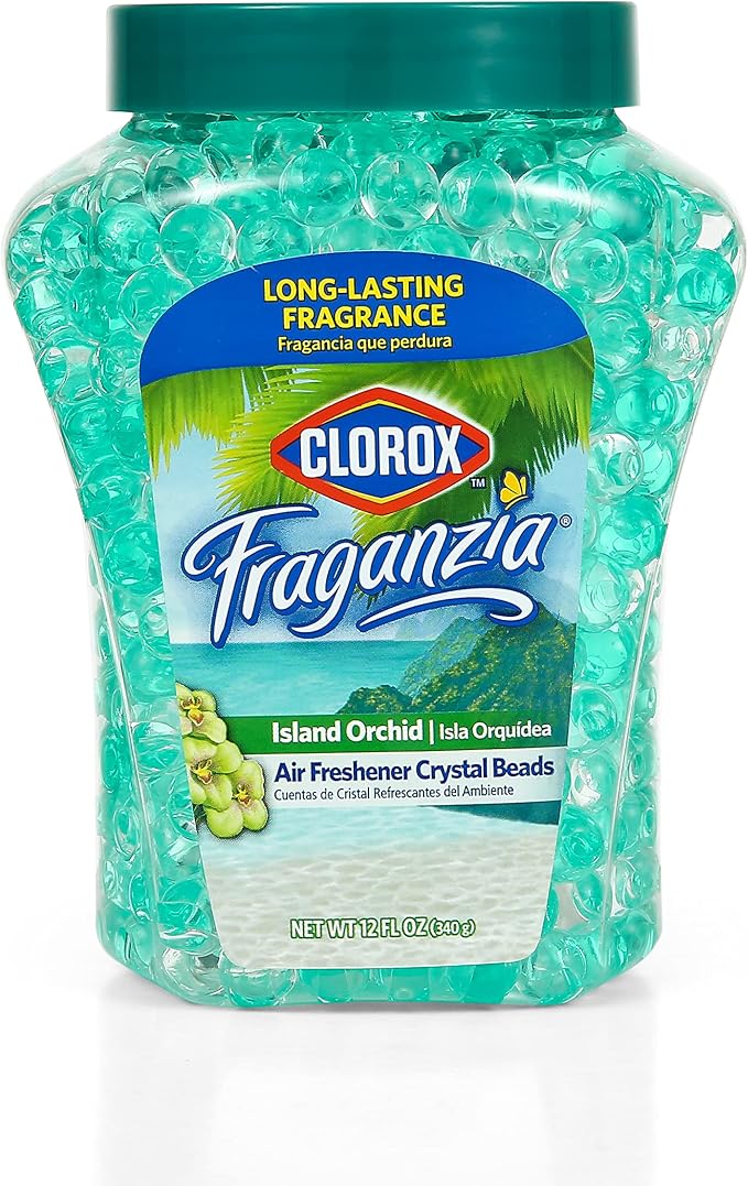 Clorox Fraganzia Crystal Beads Air Freshener, Island Orchid Scent, 12 Fl Oz | Odor-eliminating formula, ideal for bathrooms bedrooms and vehicles, no batteries or outlets required