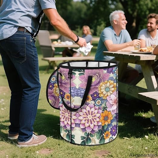 Blooming Flower 24Gal Collapsible Trash Can w/Lid & Sorting Clips Multifunctional Camping Recycling Bin Waterproof Reusable Pop-Up Trash Bag for Outdoor Party Hiking 18x18x23 in