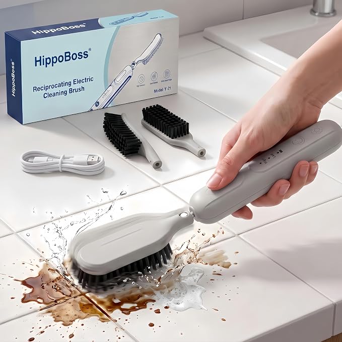 Reciprocating Electric Scrubber for Tile & Grout, Scrub Brush for Cleaning | 2 Brush Heads, 90 Mins Runtime, Versatile Kitchen & Bathroom Cleaning Tools, Stiff Bristle Brush for Crevice, Sink, Tub, Dish