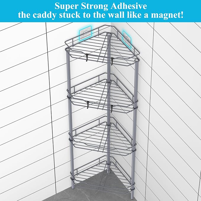 HuggieGems Metal Floor Standing Corner Shower Caddy, Dark Gray, 4 Tier | Adhesive Bathroom Organizer Shelves, Free Standing Shower Rack with Hooks, Hold Large Shampoo Bottles