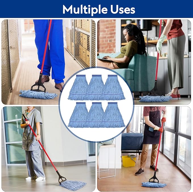 Matthew Cleaning Heavy Duty Mop Head Commercial Replacement for General and Floor Cleaning , Wet Industrial Blue Cotton Looped End String Head Refill (Pack of 6) Blue