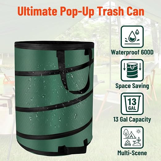 Camping Trash Can, Pop Up Collapsible Garbage Can, 10 Gallons, Foldable Recycle Bin Made of 600D Oxford Cloth for Gardening, Camping and Home Storage (Green)