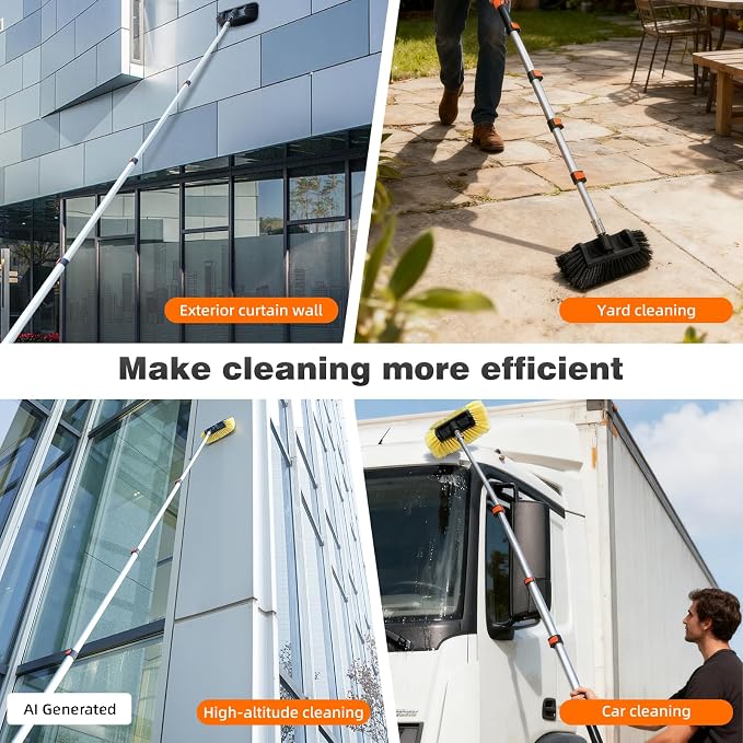 16FT Car Wash Brush with Long Handle, Car Cleaning Brush with 12" Soft Bristle and 12" Hard Bristle, 4-16Ft Telescopic Pole for Scratch-Free Cleaning Truck,RV, Boats,House Siding,Floors,Solar Panels