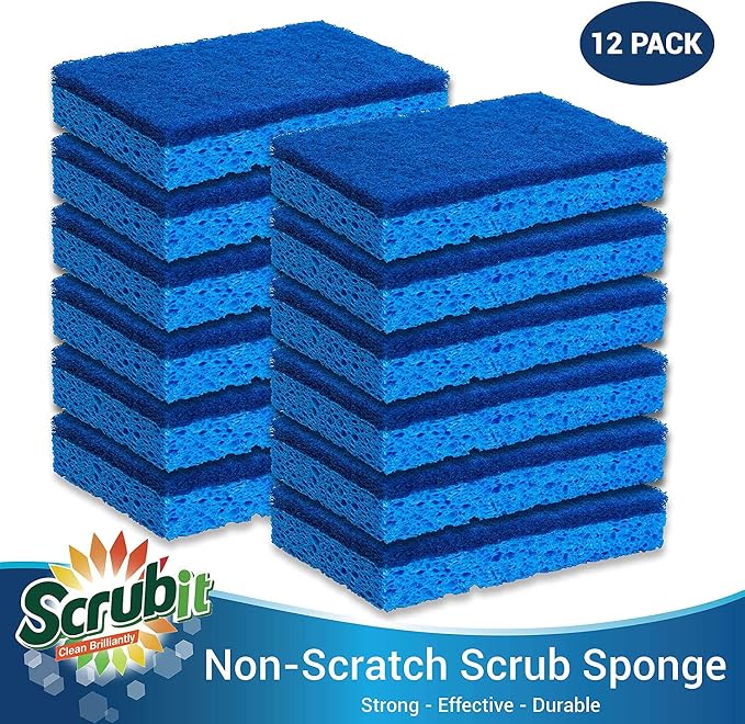 SCRUBIT Kitchen Scrub Sponges - Non-Scratch Dishwashing Sponge for Cleaning Dishes, pots and Pans - 12 Pack (Blue)