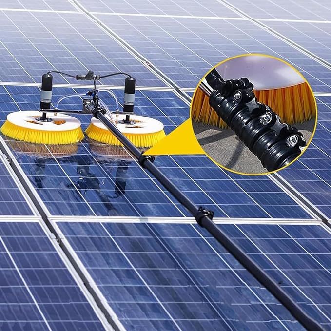 Solar Panel Cleaning Rotating Brush, 70cm Dual Head Photovoltaic and Solar Panels Water Fed Brush 110V Electric Spin Scrubber Adjustable Water Fed Pole Cleaning Kit for Window Glass,3M/9.84FT
