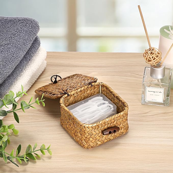 Hipiwe Handwoven Wicker Basket Box with Lid Small Seagrass Desk Organizer | Multipurpose Baskets Organizer for Remote Control Key, Rectangular Basket Box for Home Decor, Caramel 3.5" x 3.5" x 2"