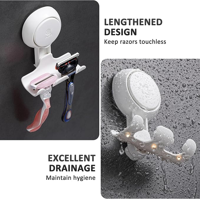 LEVERLOC Razor Holder for Shower 2 Pack, Powerful Suction Cup Hooks, White | No Drill, Powerful Suction Up to 11 lbs, Shower Hook for Bathroom Wall Glass Tile, Removable Holder for Razor Towel Loofah