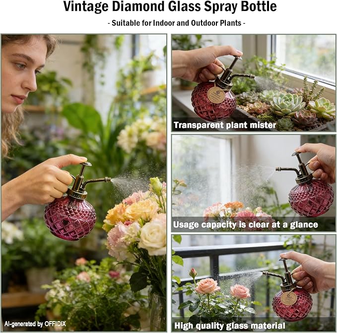 OFFIDIX Plant Mister, Amaranth Glass Decorative Vintage Spray Bottle 10 oz | Glass Mister with Plastic Pump, 300ML Small Watering Can Decorative for Indoor Outdoor Succulent Garden Cleaning Empty Bottle