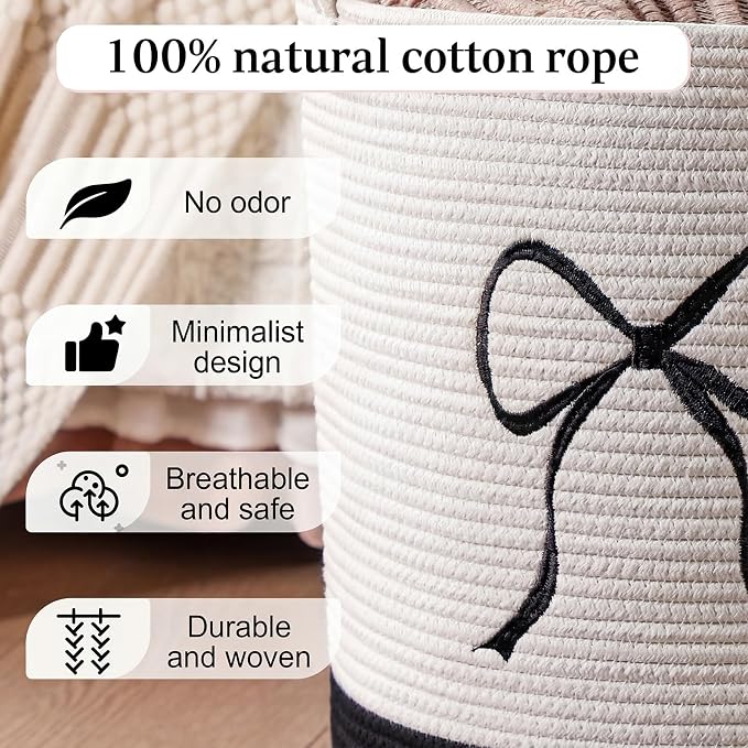 Honeydak Black Laundry Basket Bow Hamper Coquette Laundry Basket Cotton Rope Hamper 15 x 17.7 Inches Toy Box Large Coquette Bow Teens Girls Room Storage for Blanket Toys Clothes Organization