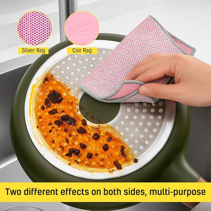 NEW 2026 | Non Scratch Wire Dishcloth | Metal Cleaning Rag for Kitchen Cookware | Silver Mesh Dishcloth | Double Sided | Metal & Coconut Fiber Scrubbers | 10 pcs Colorful Cloth