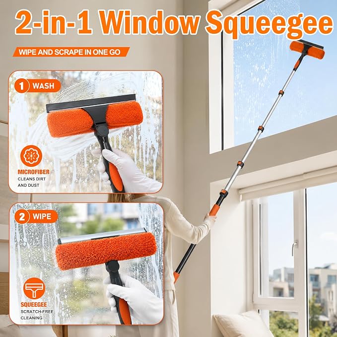 LAANPOLE 36FT High Reach Duster Cleaning Kit with Extension Pole, High Ceiling Fan Cleaner Duster Tool for Fan Blades, Window Washing Kit with Microfiber Feather Duster & Window Squeegee