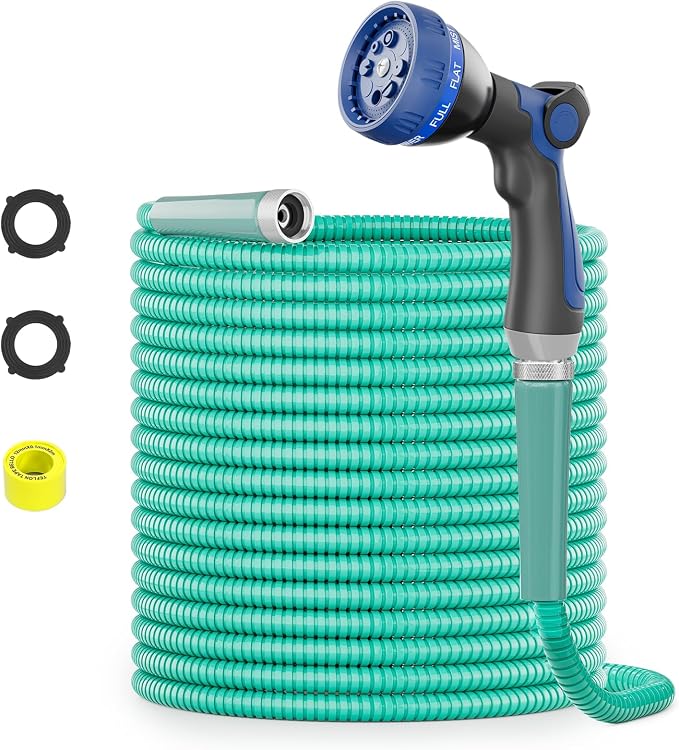 SPECILITE 75ft 304 Stainless Steel Metal Hose (Aqua) with Blue Nozzle | Puncture Resistant, Flexible, Never Kink & Tangle, Heavy Duty Water Pipe for Yard, Outdoor, Lawn
