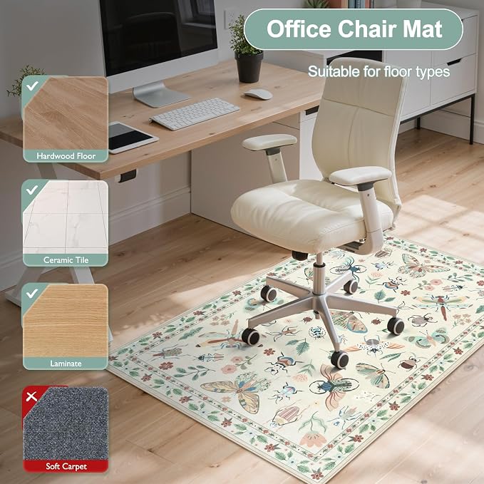 Anidaroel 36"x48" Home Office Chair Mat for Hardwood Floor, Beige Under Desk Rug for Rolling Chairs, Anti-Slip Insect Print Desk Floor Mat for Offices Chair, Low Pile Office Rugs for Rolling Chairs