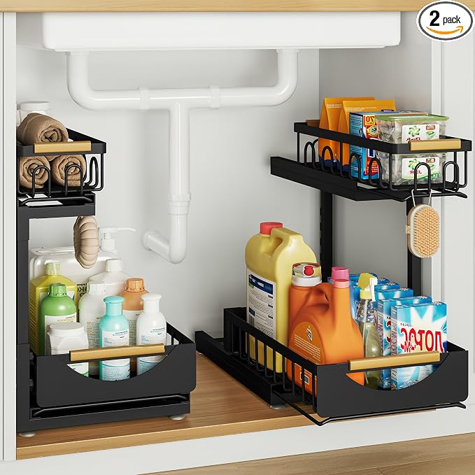 Under Sink Organizer and Storage for Bathroom and Kitchen - 2 Pack 2 Tier | Cabinet Pull Out Shelf Organizers - Slide Out Drawer Organization for Home Cabinets Shelves and Drawers