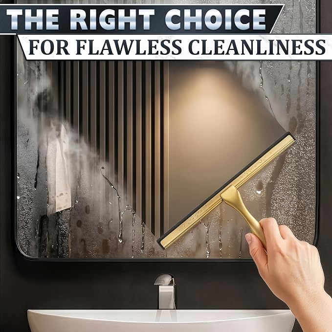 Stainless Steel Shower Squeegee, Glass, Silicone, 12 Inch (Gold) | Shower Door Squeegee with Silicone Blade, Adhesive & Hanging Hooks for Mirror, Tile, Window, Car, Multi-Surface Everyday Use