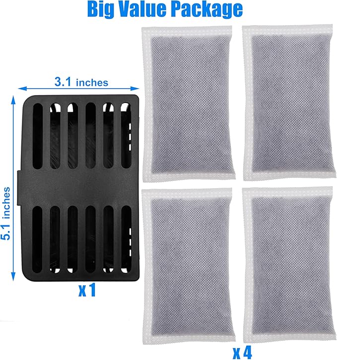 Activated Charcoal Trash Can Odor Absorbing Filter Refill Deodorizer | Compatible with iTouchless Trash Cans 8 Gallon and Larger (4 Large Filters+ 1 Compartment) (Black), Absorb Smelly Trash Odors