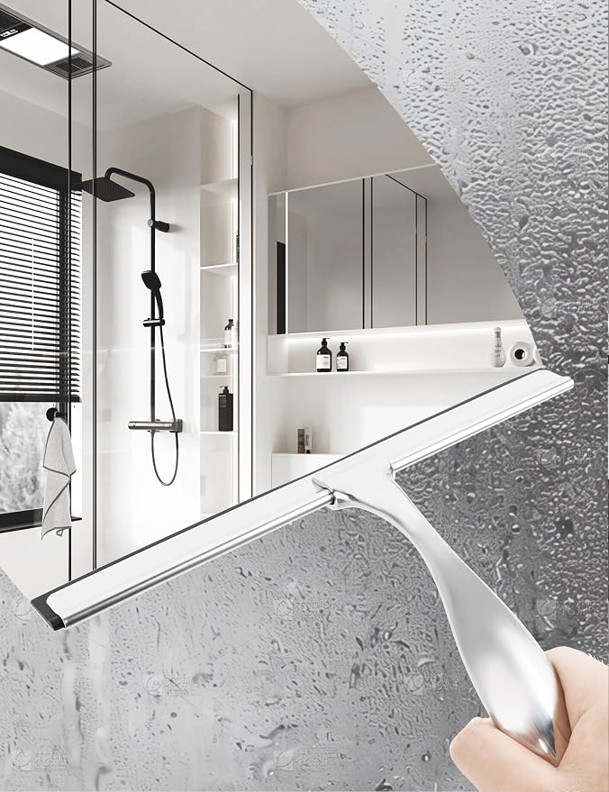 All-Purpose Stainless Steel Shower Squeegee Come with S Hook, 2 Square Sticky Hook 2 Rubber Strips Shower Squeegee for Glass Doors, Windows, Mirrors, Tiles and Car Glass -14 Inches Silver