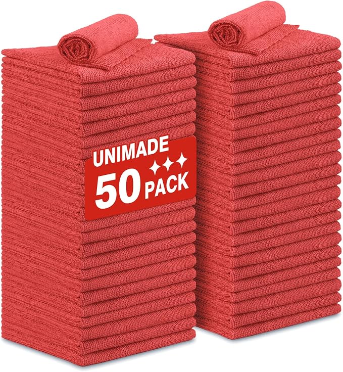 Shop Towels Rags, 50 Pack Reusable Microfiber Cleaning Cloth | Shop Rags Bulk Lint Free Cleaning Towels for Car Kitchen Automotive Bar Mechanic Restaurant Garage, 11.5"x 11.5", Red
