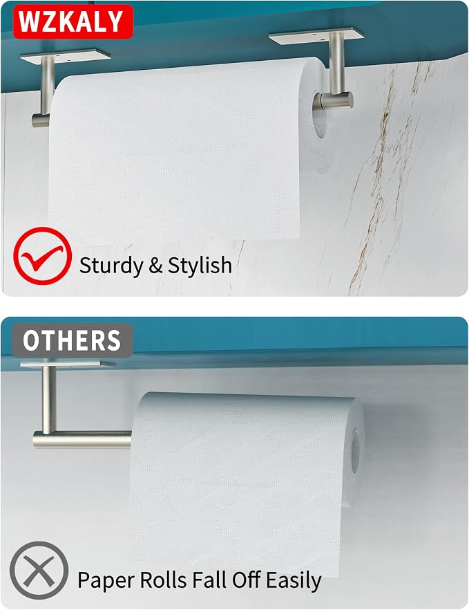 Paper Towel Holder Under Cabinet with 2Hooks Self Adhesive Silver | Brushed Nickel 304 Stainless Steel Post Pivoting Design, Wall Mount for Kitchen Waterproof & Rustproof, Square Base