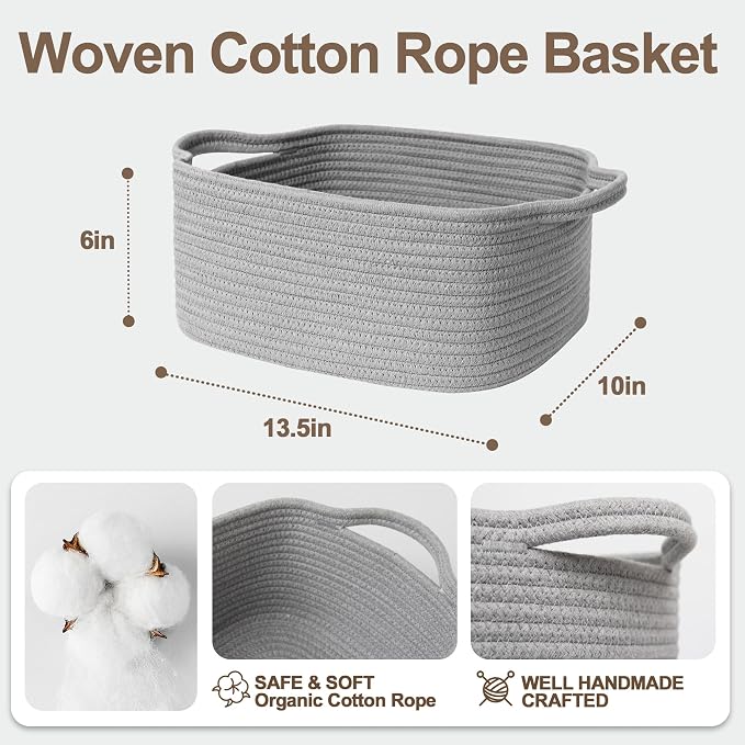 Cute Gray Gift Basket, Woven Baskets for Gifts Empty, Cotton Rope Storage Bin for Organizing, Kids Cat Dog Toy Box, Baby Nursery Organizer, Wicker Easter Basket with Handle, Grey Room Decor