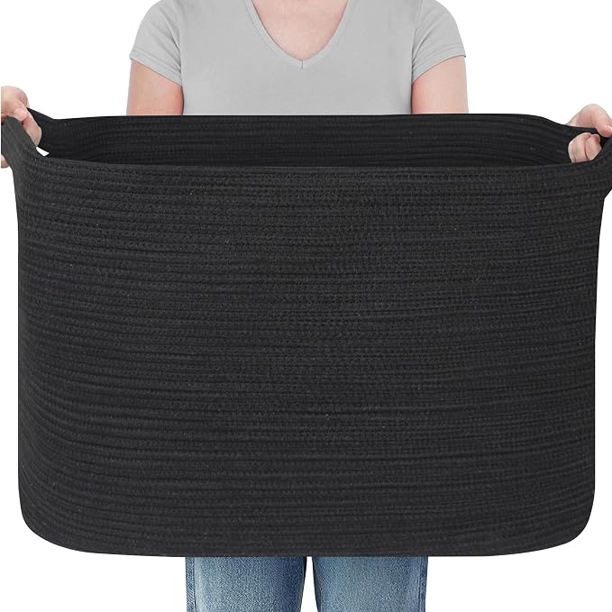 MEGASKET 108L Extra Large Storage Basket, 25" x 16" x 16" Black Blanket Basket Living Room, Oversized Cotton Rope Blanket Storage, Woven Kids Dog Toy Bin Box Organizer, Laundry Shoes Towel Bin, Black