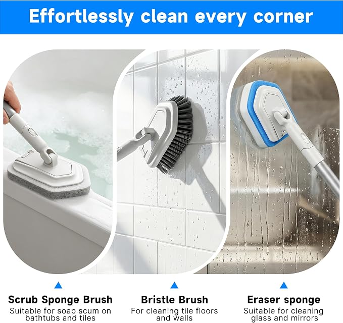 Tile Tub Scrubber Brush with Different Function Cleaning Heads | No Scratch Shower Scrubber for Bathroom Toilet Wall,Bathtub,Sink, and 10 Pack Magic Sponges Eraser