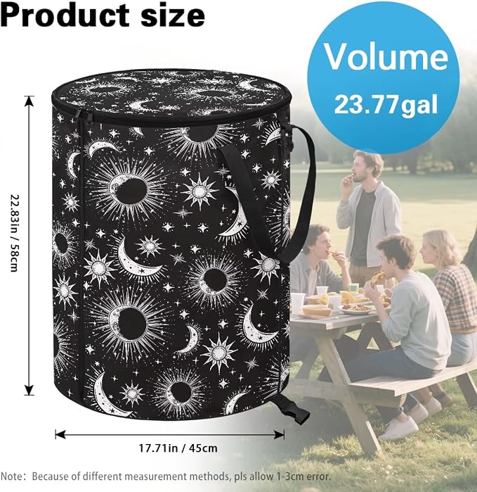 Gothic Sun Moon Pop up Outdoor Garbage Can 24 Gallon Collapsible Camping Trash Can with Zipper Lid Reusable Heavy-Duty Polyester Trash Bin for Campsites Boat Backyard Parties