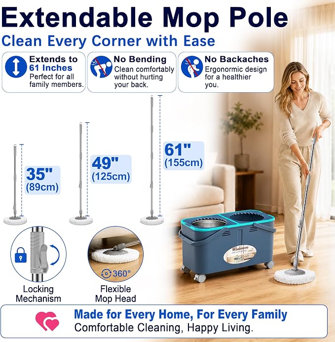 Easy-Rinse Mop Bucket Gen 2, Clean/Dirty Water Separation,Grey/Blue | 1.5 Gal Clean-Water Tank, 6 Reusable Heads, 4 Swivel Wheels, 61-Inch Handle, For Apartments, Hardwood, Laminate & Tile Floors