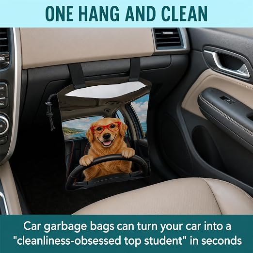 Funny Golden Retriever Car Trash Bag Hanging for Back Seat | Dog Canvas Drawstring Car Garbage Bag with Adjustable Buckle Vehicle Trash Can,Golden Retriever Lover Owner Gifts