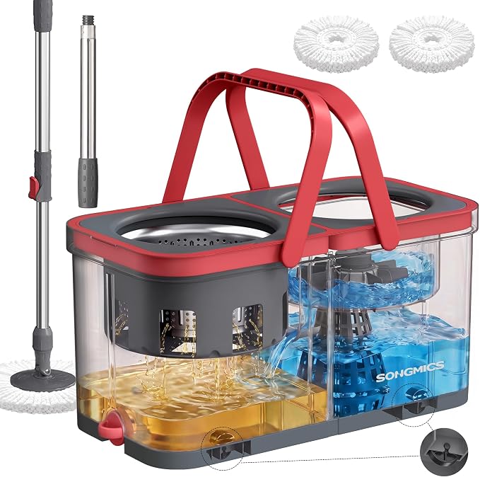 SONGMICS Spin Mop and Bucket Set, 2 Washable Microfiber Mop Heads, Wheels | Separate Clean and Dirty Water, Stainless Steel Wringer, 18.7 x 10 x 9.5 Inch, Gray and Red, CLEMAX Collection ULMB004GT02