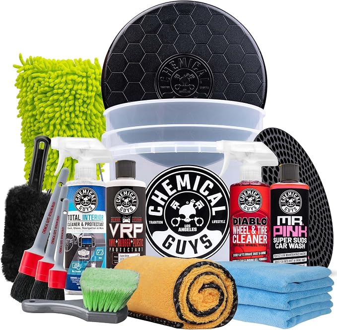 Chemical Guys 17-Piece Car Detailing Kit, Interior & Wheel Cleaner & Wash | Car wash soap, wheel cleaner, bucket, and brushes, 17 piece wash kit, complete DIY car wash and detail kit