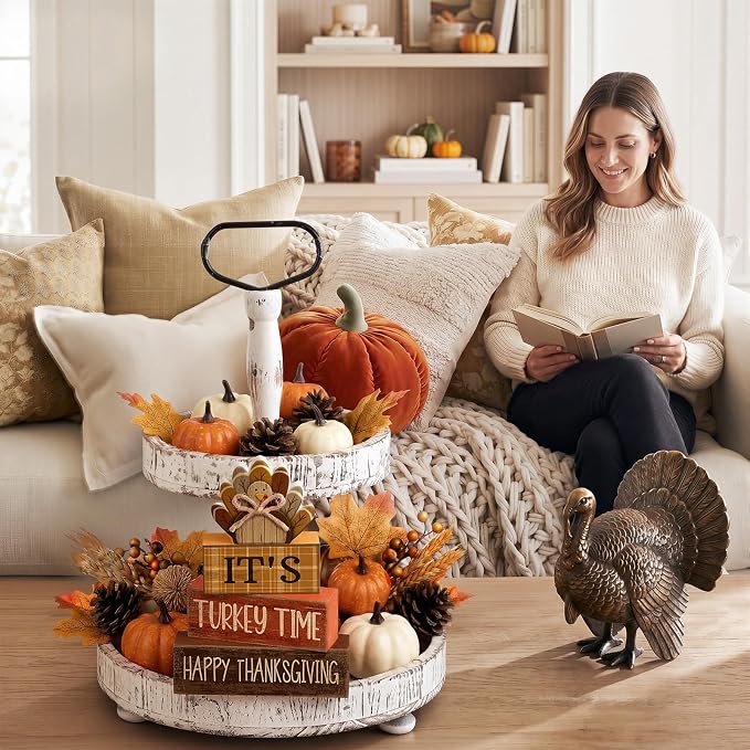 Moucuny 4 Pcs Thanksgiving Table Decorations Wooden Turkey Tiered Tray | Rustic Farmhouse Centerpiece with Turkey Time Signs, Kitchen or Dining Display, Stackable Blocks Gift for Fall Harvest