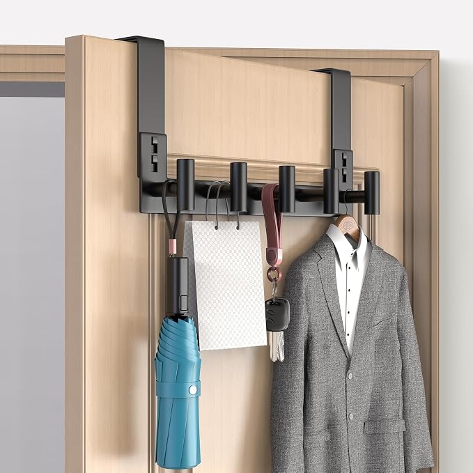 PMMASTO Door Hanger for 1-3/4 Inch Doors, Black- 5 Hooks, T Shape | Stainless Steel Door Hooks Organize Coats Towels Robes in Bathrooms Bedrooms Closets