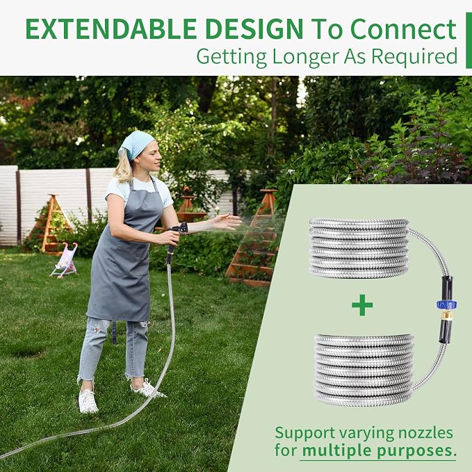 304 Stainless Steel Garden Hose, 50 ft Metal Garden Hose with 3/4" Connector Fittings and Sprayer, Heavy Duty Kink Free Flexible Outdoor Water Hose, Blue