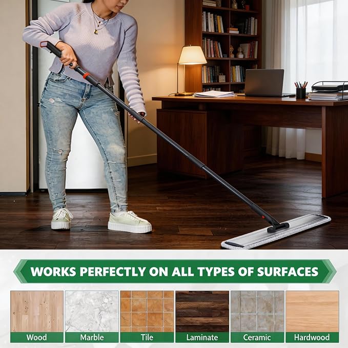 24" Flat Mop for Cleaning Floors,Easy Wringing&Deep Cleaning with 4 Pads | Heavy-Duty Microfiber Mop,Includes 4 Reusable Mop Cloths and Adjustable Long Handle,Wet/Dry Use,Suitable for Hard Floors