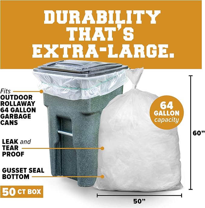 Plasticplace 64-65 Gallon Trash Can Liners for Toter │ 1.5 Mil │ Clear Heavy Duty Garbage Bags │ 50” X 60” (50Count) (W65LDCTL)