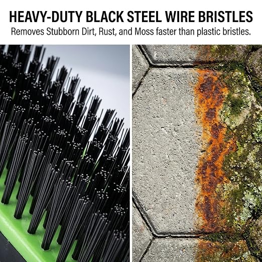 3-in-1 Deck Brush with Long Handle, Weed Brush | 3-in-1 outdoor brush with steel bristles, weed hook & long handle for cleaning patios, decks, driveways and cracks