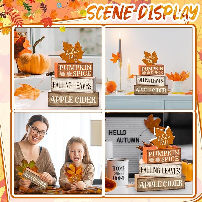 Moucuny 4 Pcs Fall Decor Wooden Maple Leaf Decoration Thanksgiving Decor | Rustic Stackable Blocks with Apple Cider Leaves Sayings,Thanksgiving Table Centerpiece, Farmhouse for Autumn Harvest Party