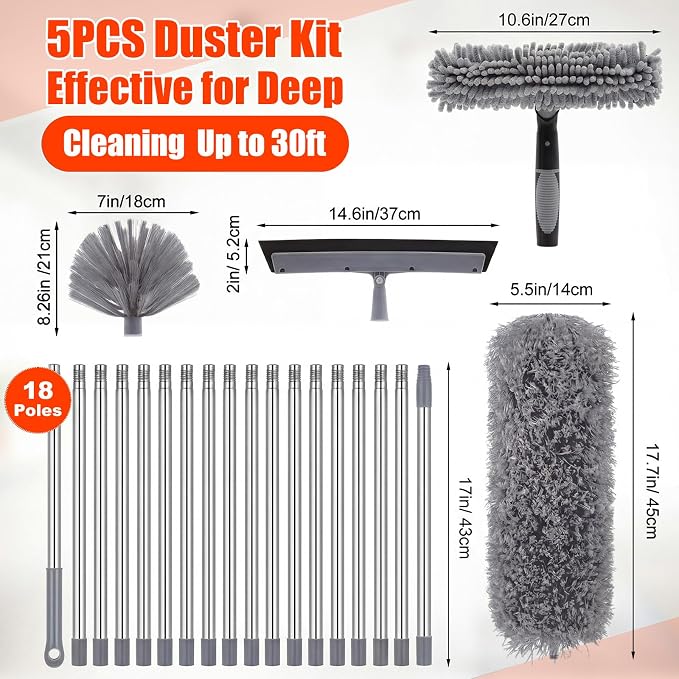 30 Feet High Reach Duster Kit with 2-24 ft Extension Pole High Ceiling Dusting and Window Cleaning Kit with Window Washer & Squeegee, Cobweb Duster, Washable Head for Ceiling Fan(Gray)