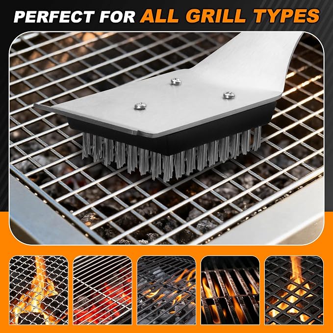 BBQ Grill Cleaning Brush Scraper with 2 Replaceable Steel Bristles Head | 72-Well Wires Brush, Stainless Grill Grate Cleaner, for Weber Gas, Charcoal, Electrical, Infrared