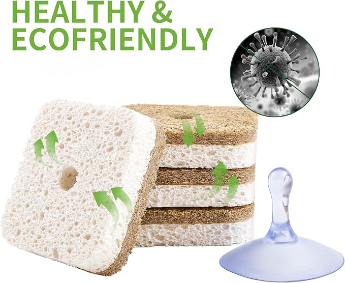 12Pack Kickleen Natural Kitchen Scrub Dish Sponges with Suction Hanger | Biodegradable Compostable Cellulose and Coconut Non-Scratch Sponge for Kitchen, Bathroom, Household