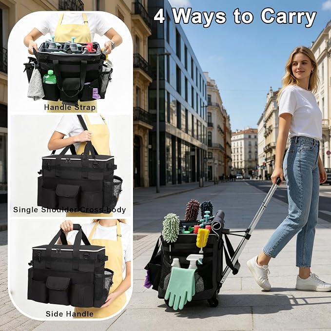 Large Rolling Cleaning Caddy with Wheels, Cleaning Supplies Organizer | With Detachable Trolley, Water-resistant Cleaner Cart for Housekeepers, Multi Pocket Cleaning Cart with Strap, Black