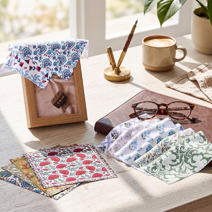 Copkim 24 Pcs 6 x 6 Inch Glasses Cleaning Cloth,Block Print | Elegant Flowers Design, Block Print Multicolor Microfiber Lens Wipe, Reusable Eyeglasses Wipe, Camera Len Cell Phone Screens