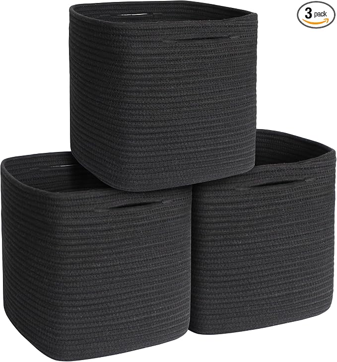 11x11x11 Cube Storage Bin - 3 Pack Woven Storage Cubes Organizer, 11 Inch Black Cotton Rope Baskets for Organizing, Square Baskets for Shelves, Nursery Closet Bins, Cubby Toy Box Organizer