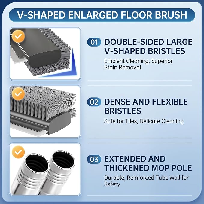 3-in-1 Floor Scrub Brush with Long Handle, Floor Scrubber with Squeegee Tweezers, Adjustable Heavy-Duty Stiff Bristle Cleaning Brush for Tile, Bathroom, Shower, Garage, Patio, Deck(White Grey)