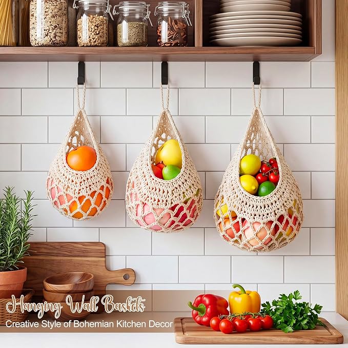 3 Hanging Baskets,White,Crochet,Cotton Rope | Wicker Wall Baskets with Hooks for Fruit Vegetable Onion Storage, Teardrop Organizer for Kitchen, Boho Farmhouse Decor