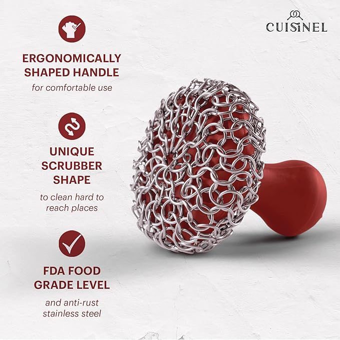 Cuisinel Cast Iron Chainmail Scrubber + Pan Scraper - The Patented Original Ergonomic Stainless & Silicone Pot & Skillet Cleaner - Premium Food-Safe Design - Easy Clean Dishwasher Safe Cookware Sponge